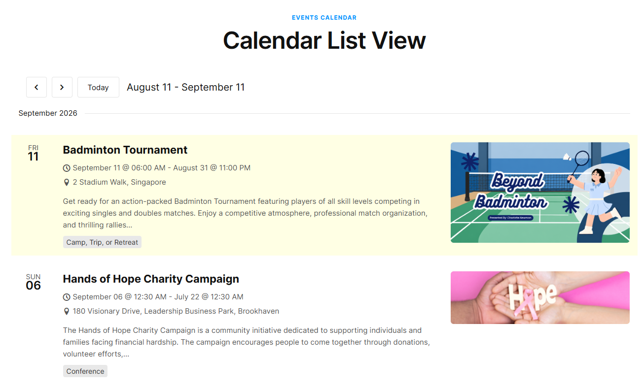 Calendar list view demo