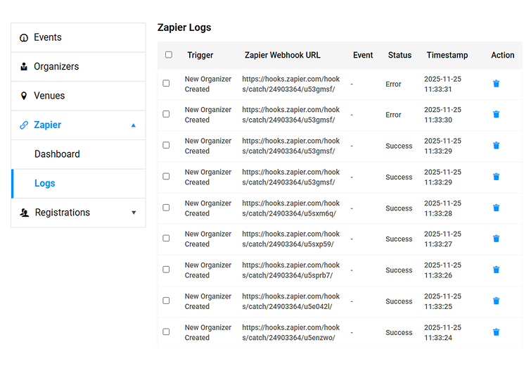 Zap activity logs for organizers