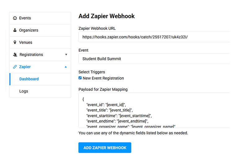 Zapier dashboard for organizers